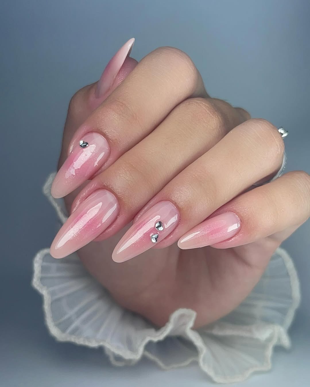 Blush Pink Jelly Stiletto Nails with Rhinestones
