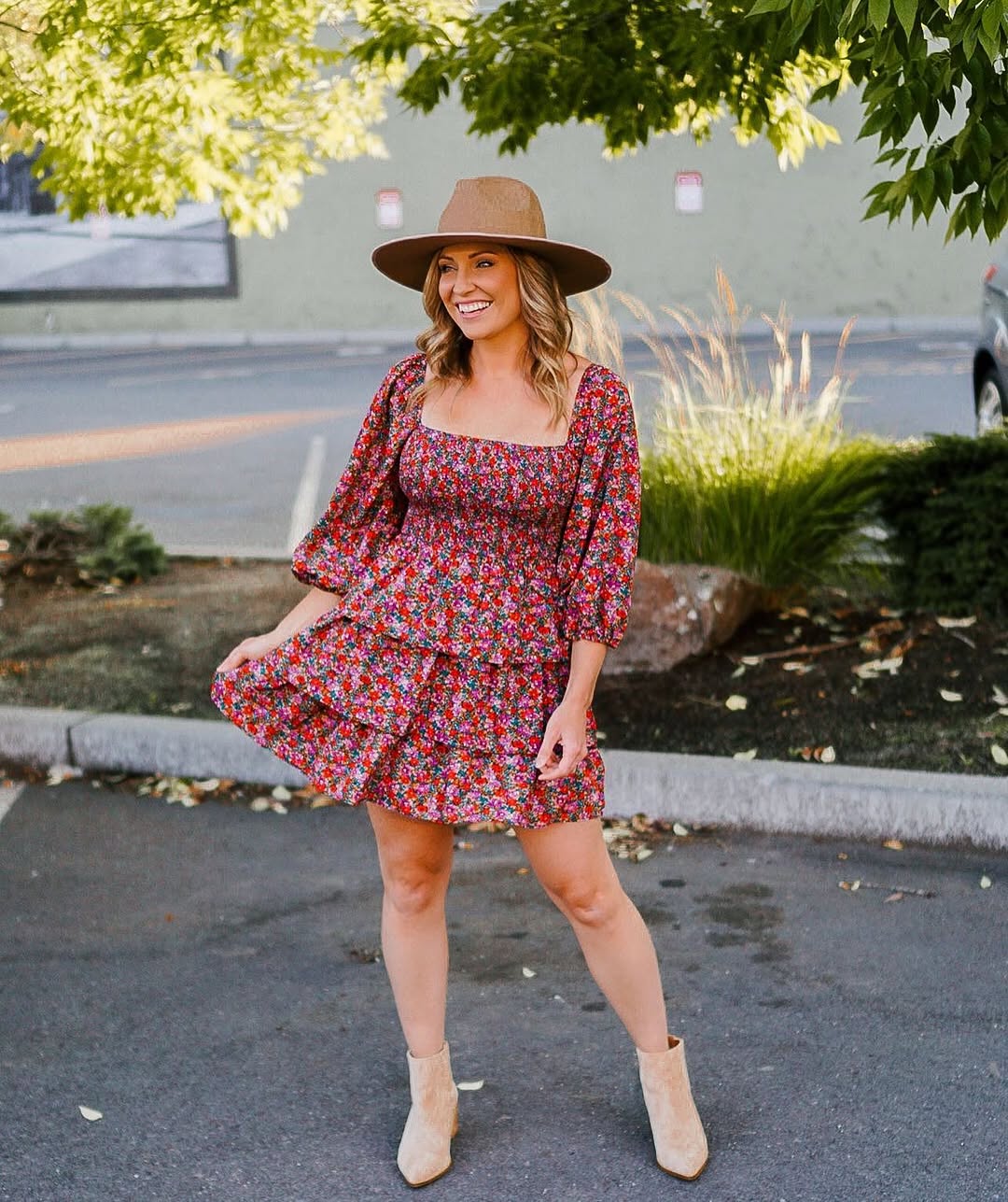Boho Floral Mini Dress With Suede Booties