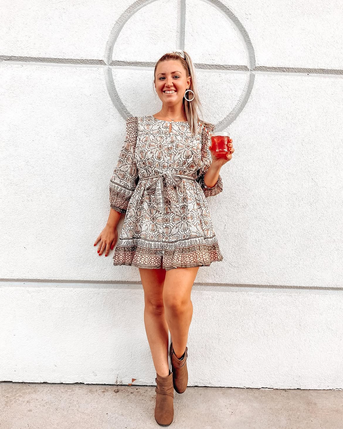 Boho Print Mini Dress With Suede Ankle Boots