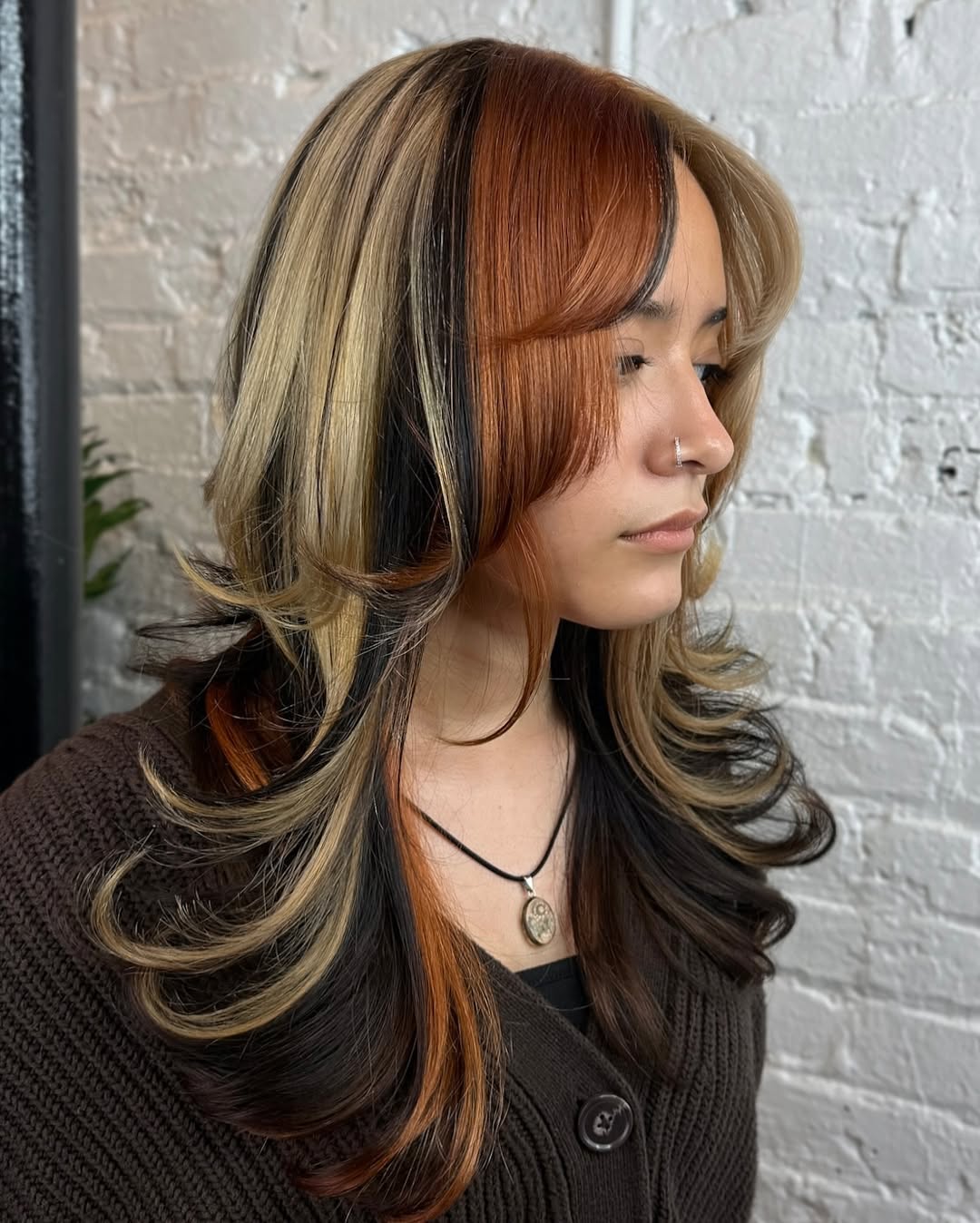 Bold Calico Chunky Highlights With Curtain Bangs