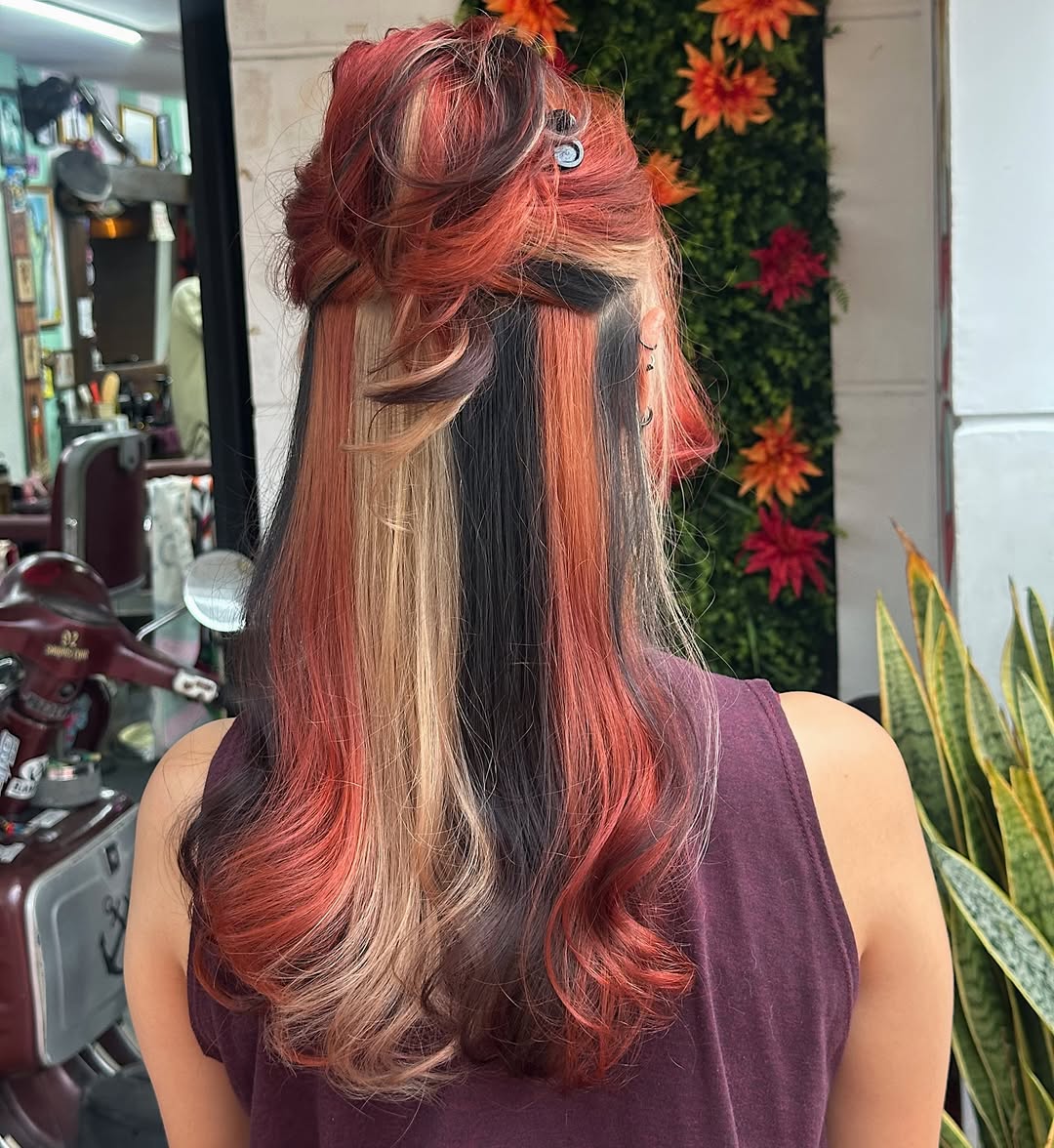 Bold Calico Hair Color With Loose Waves