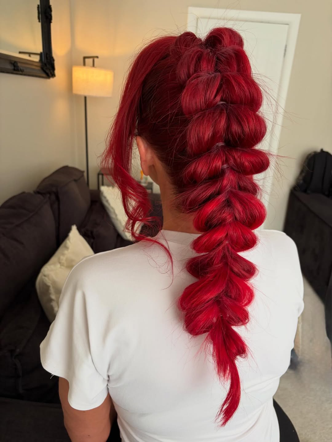 Bold Fiery Red Bubble Braid Pouf