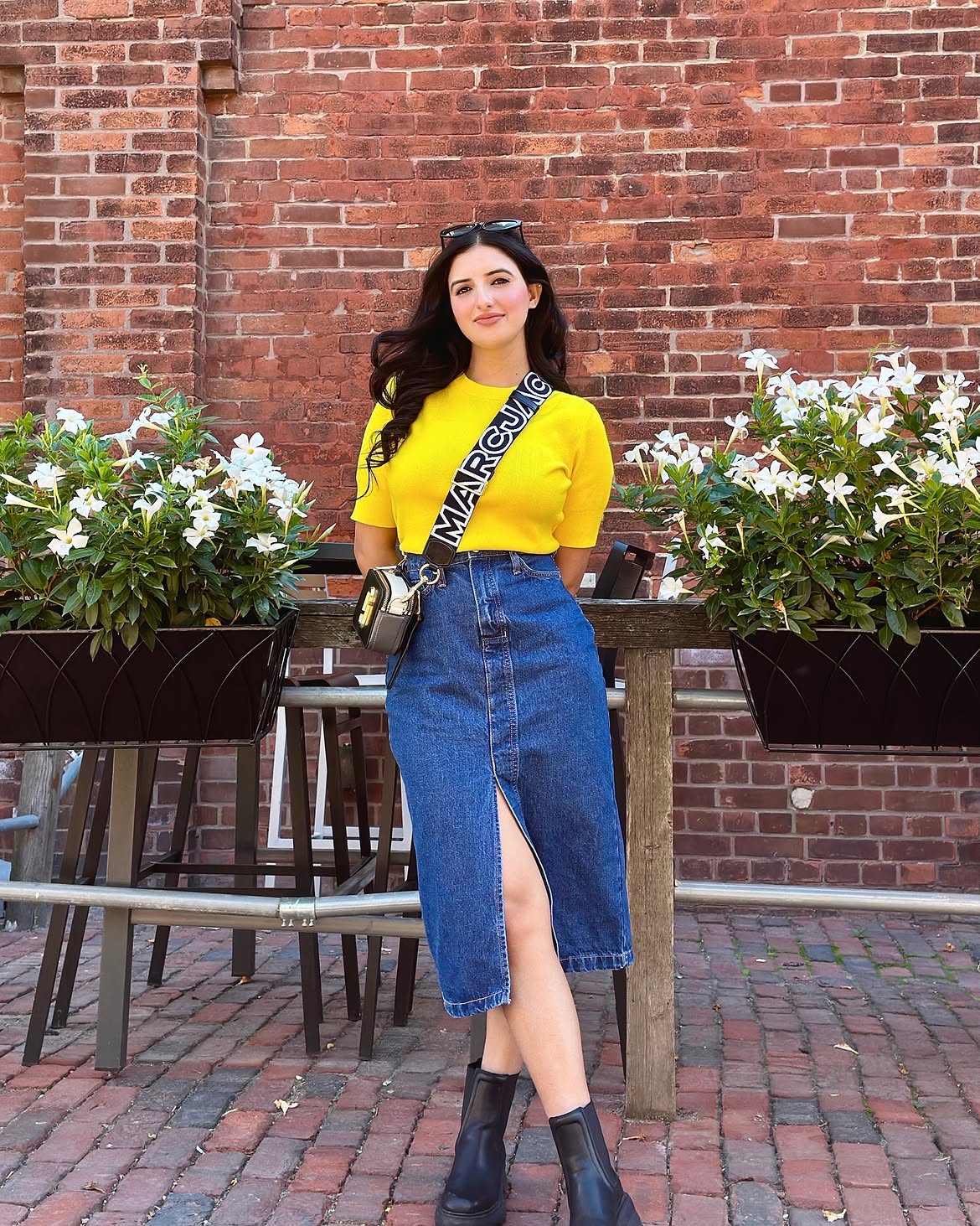 Bold Yellow Top & Denim Midi Skirt Fall Look