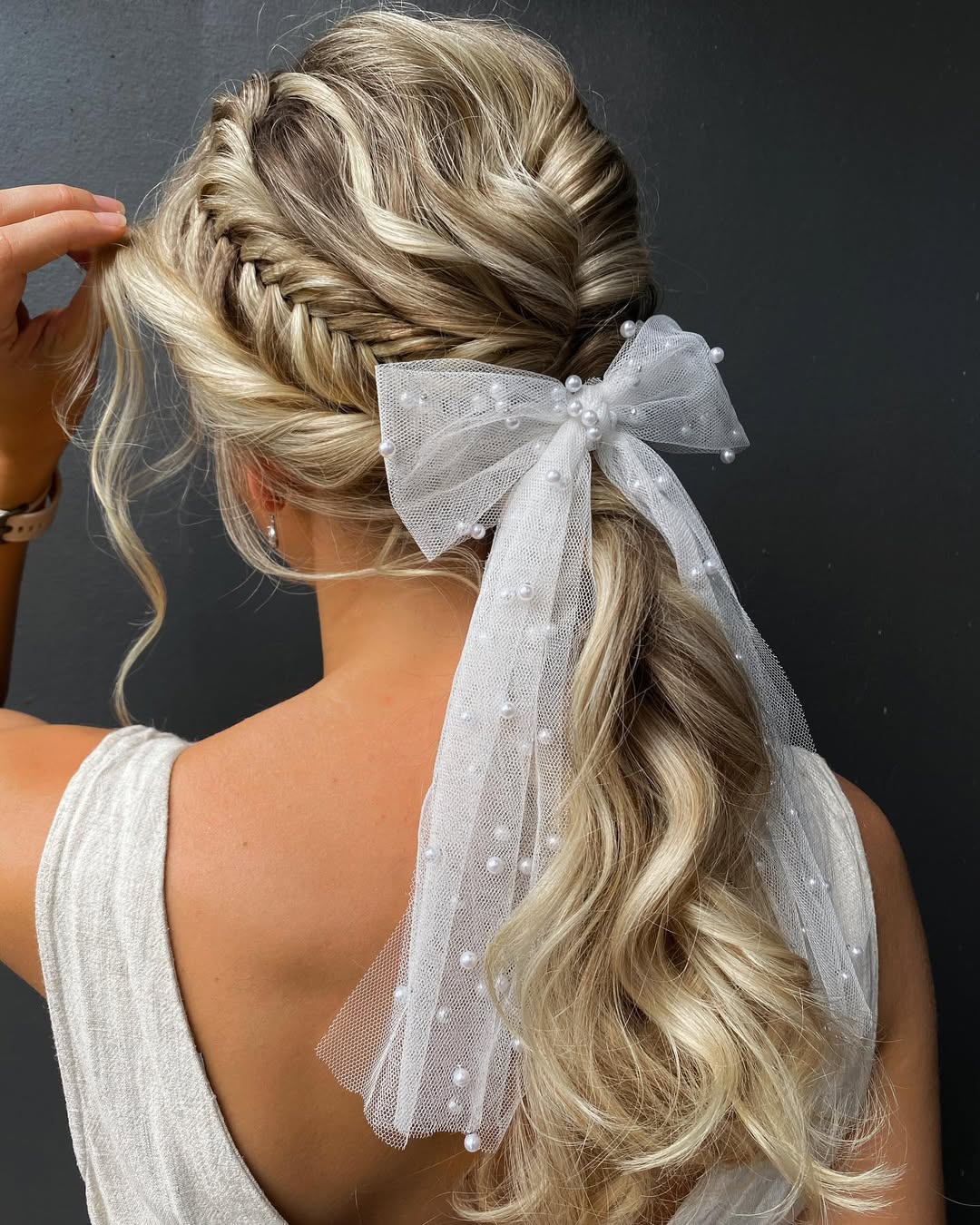 Braided Half-Up Pearl Bow Blonde Waves