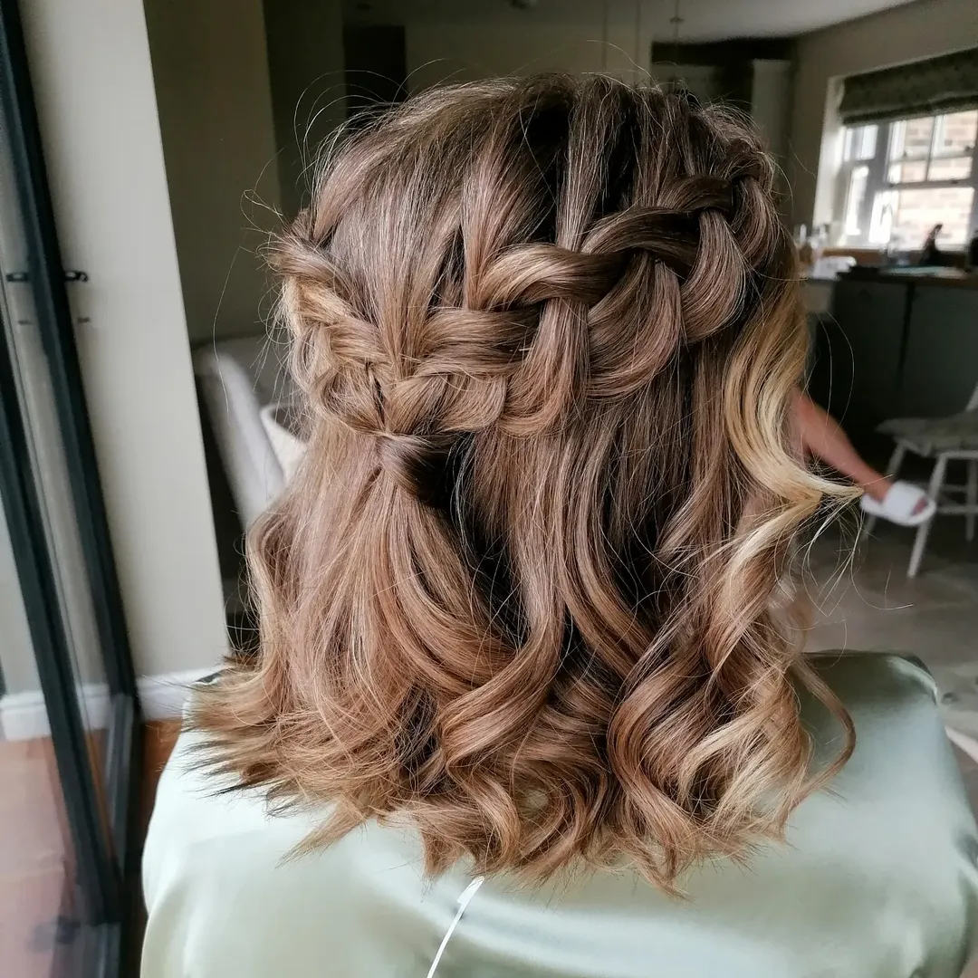 Braided Half Updo On Wavy Honey Brunette Lob