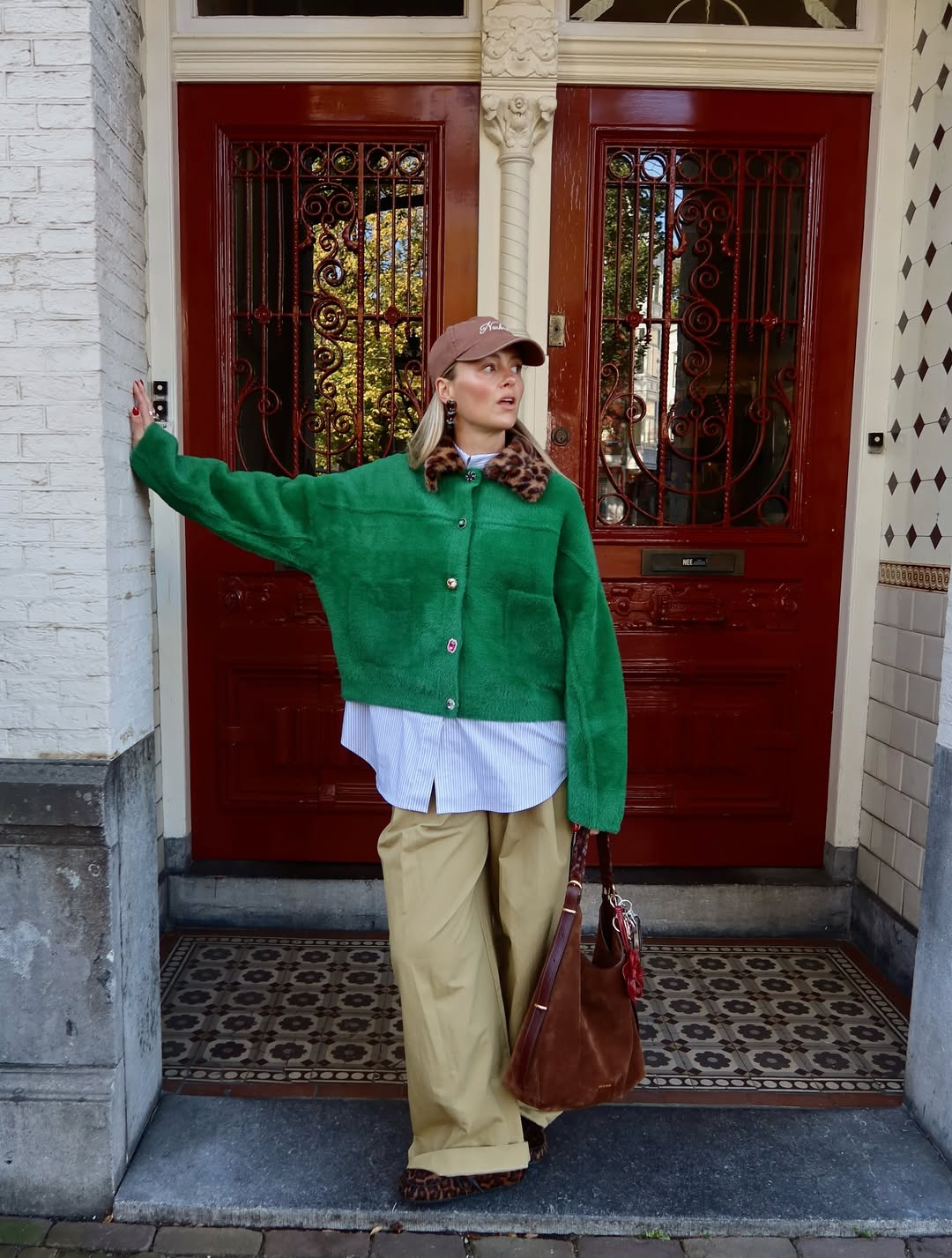 Bright Cardigan With Wide Leg Khakis And Leopard Flats