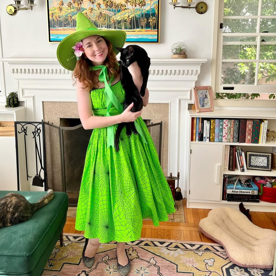 Bright Green Spiderweb Witchy Dress and Hat