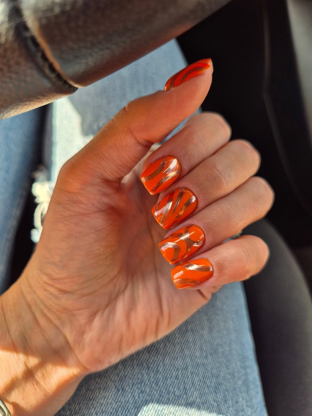 Bright Orange Glossy Wavy Accent Squoval Nails