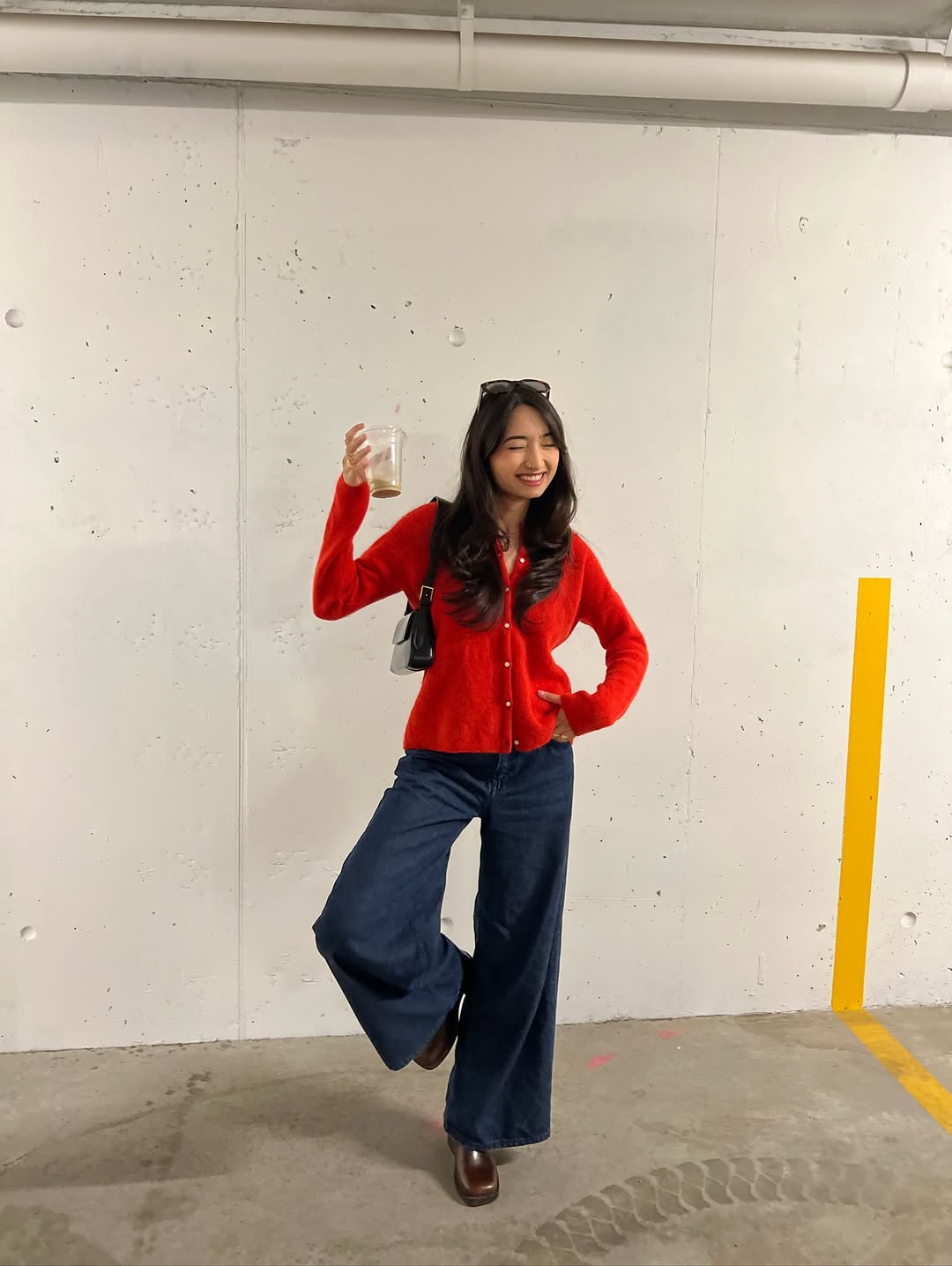 Bright Red Cardigan With Dark Wash Wide Leg Jeans