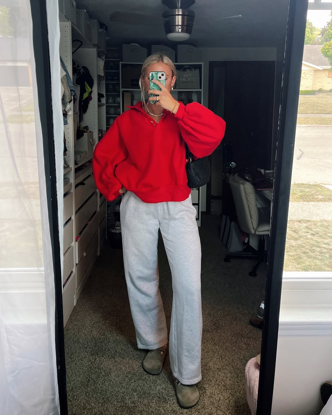 Bright Red Hoodie With Grey Wide-Leg Sweatpants