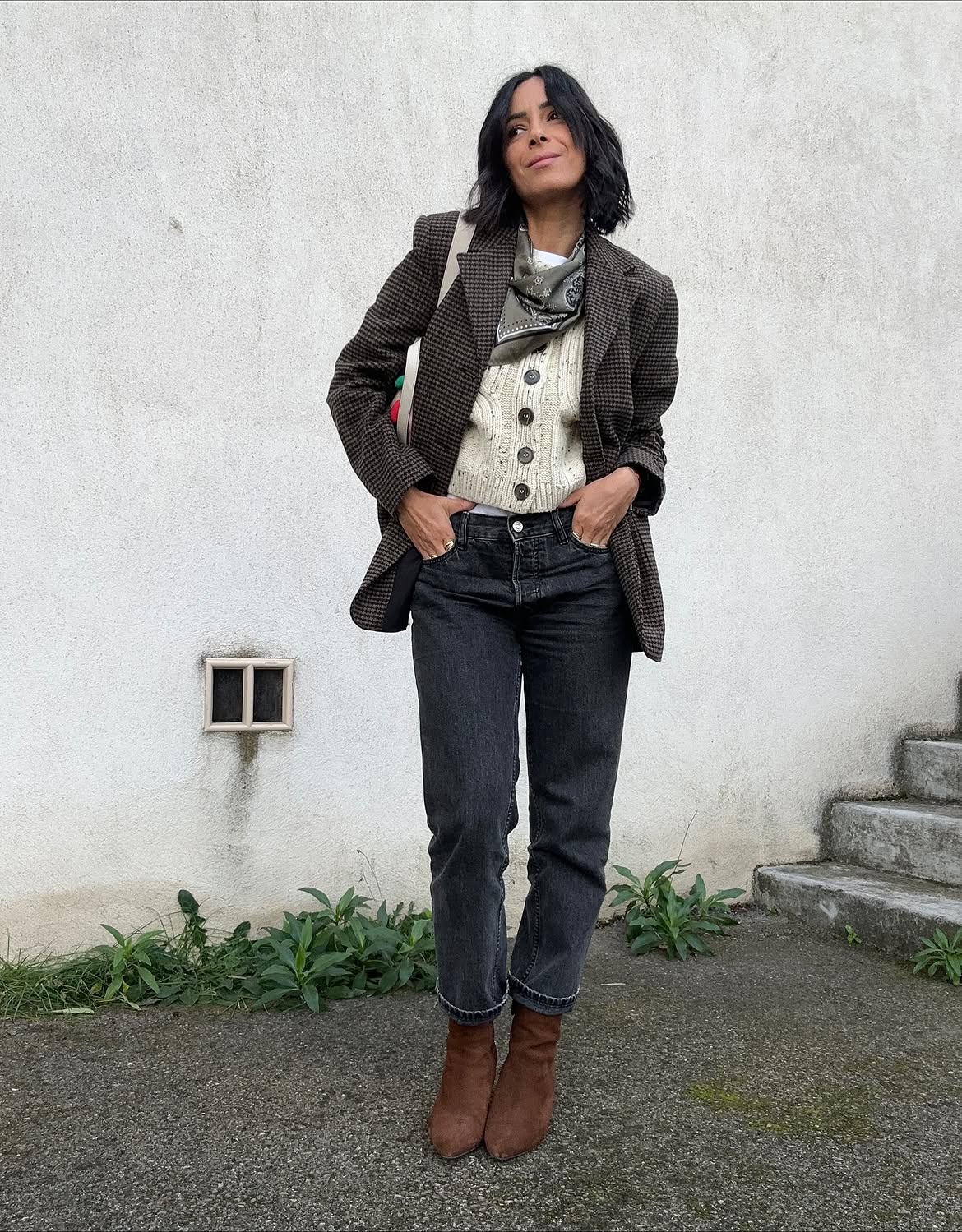 Brown Blazer, Cream Cardigan, and Black Jeans