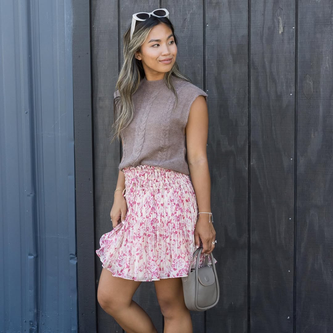 Brown Cable Knit Vest With Pink Floral Mini Skirt