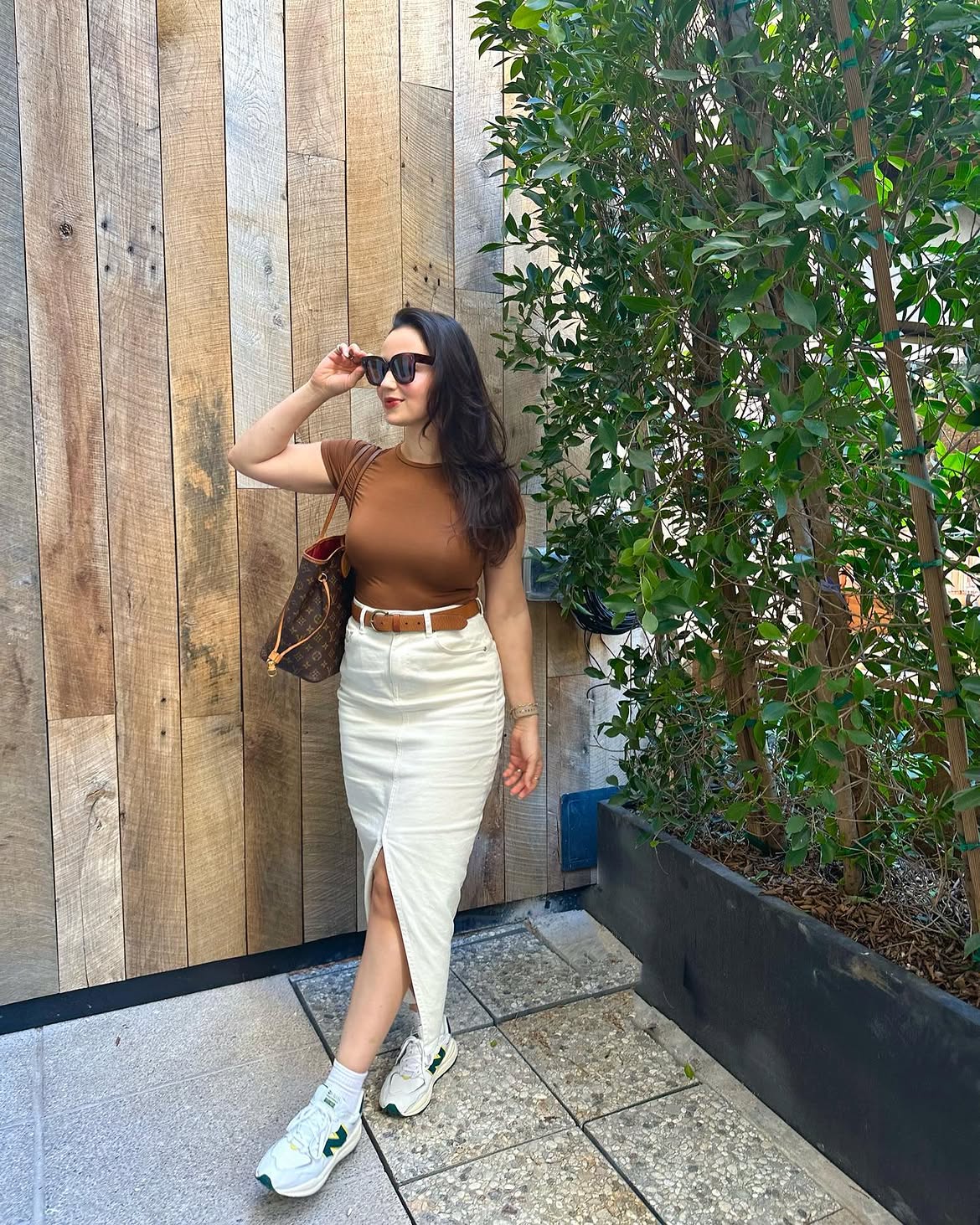 Brown Cap Sleeve Top And White Denim Midi Skirt
