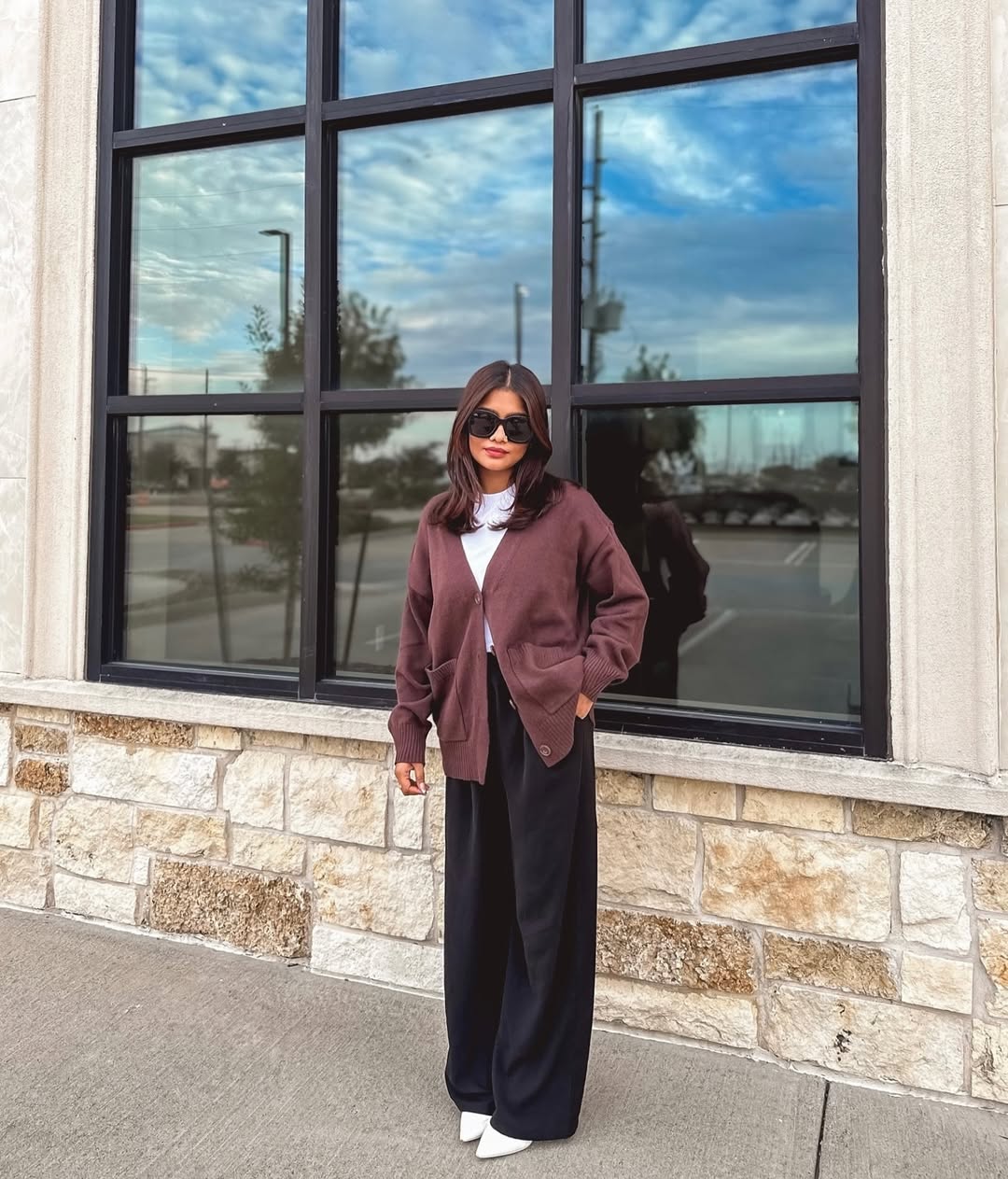 Brown Cardigan With Wide Leg Black Pants Fall Outfit