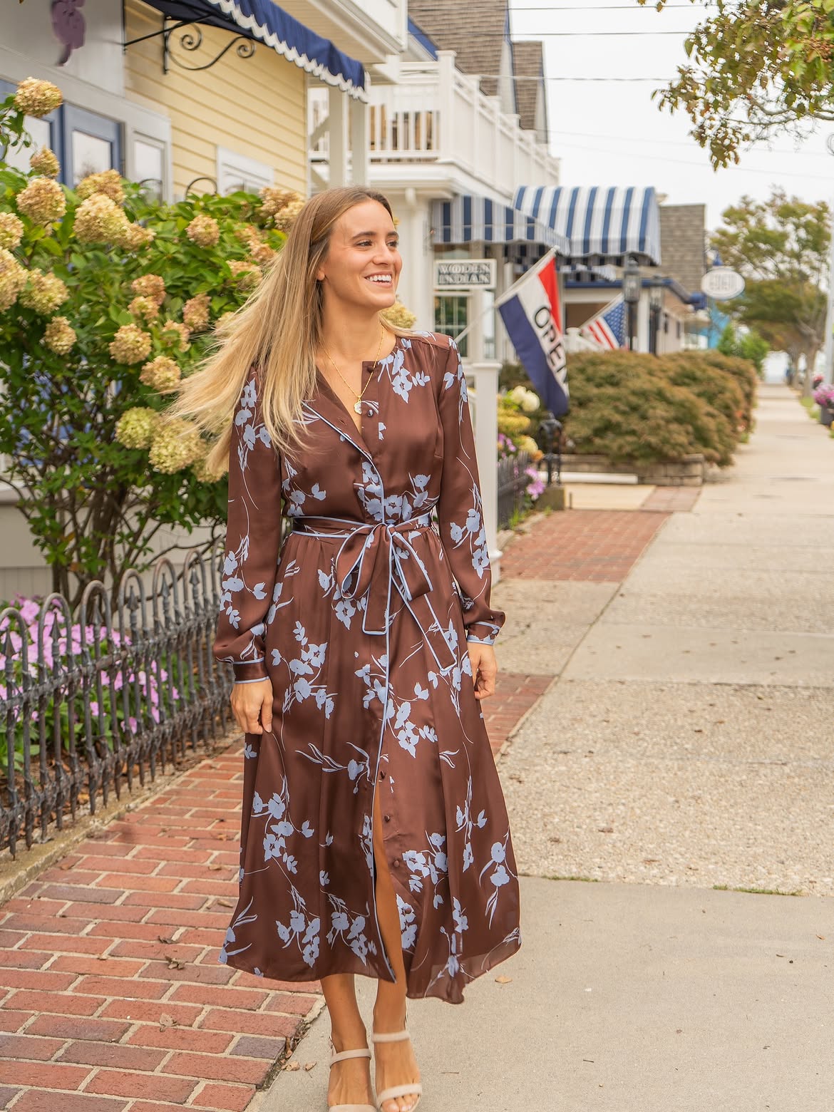 Brown Floral Midi Shirt Dress With Block Heels