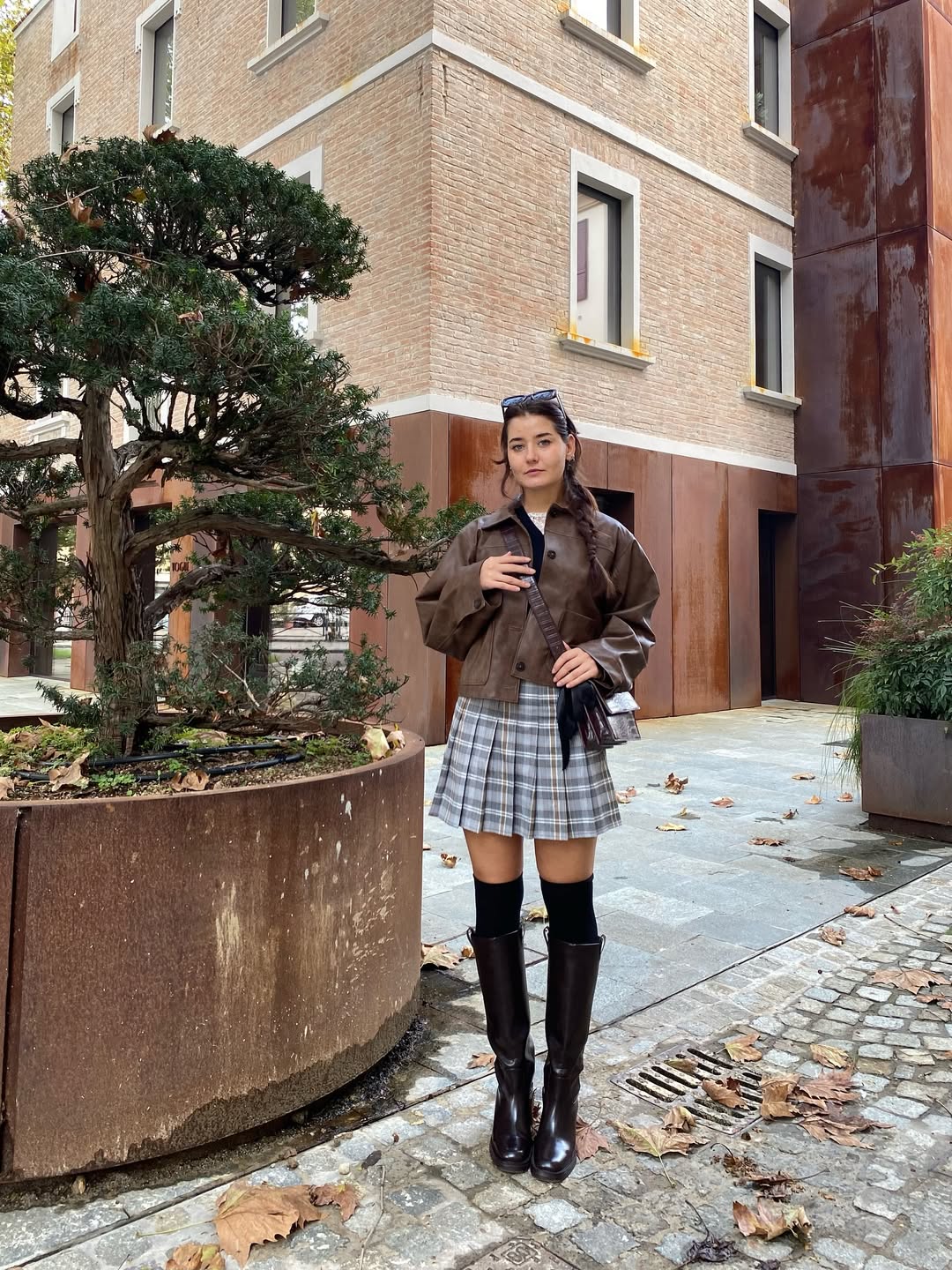 Brown Leather Bomber With Plaid Mini Skirt Look