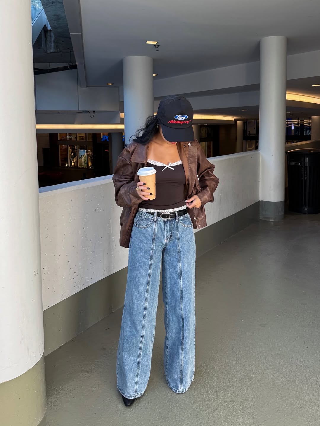 Brown Leather Jacket With Wide Leg Jeans