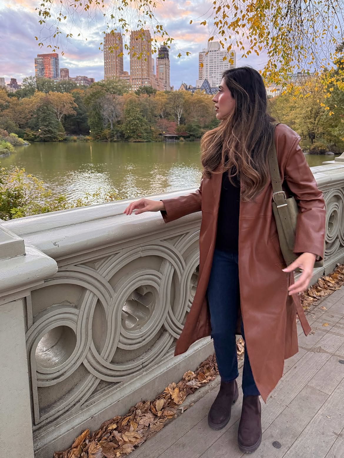 Brown Leather Trench With Dark Wash Jeans