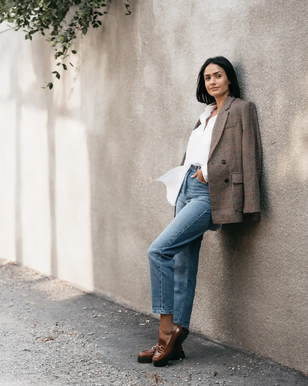 Brown Plaid Blazer With Blue Straight Leg Jeans
