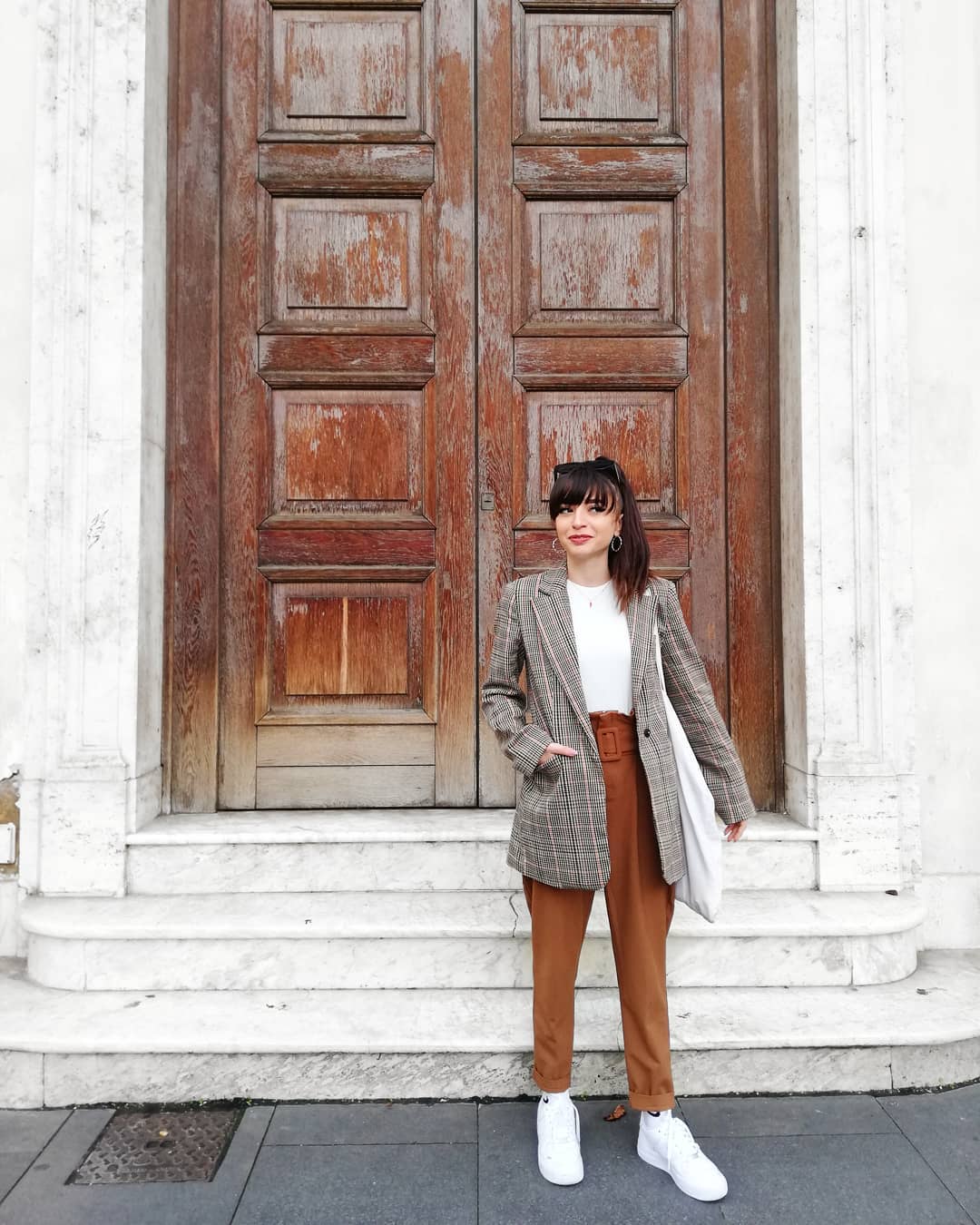 Brown Plaid Blazer With Brown High-Waisted Trousers