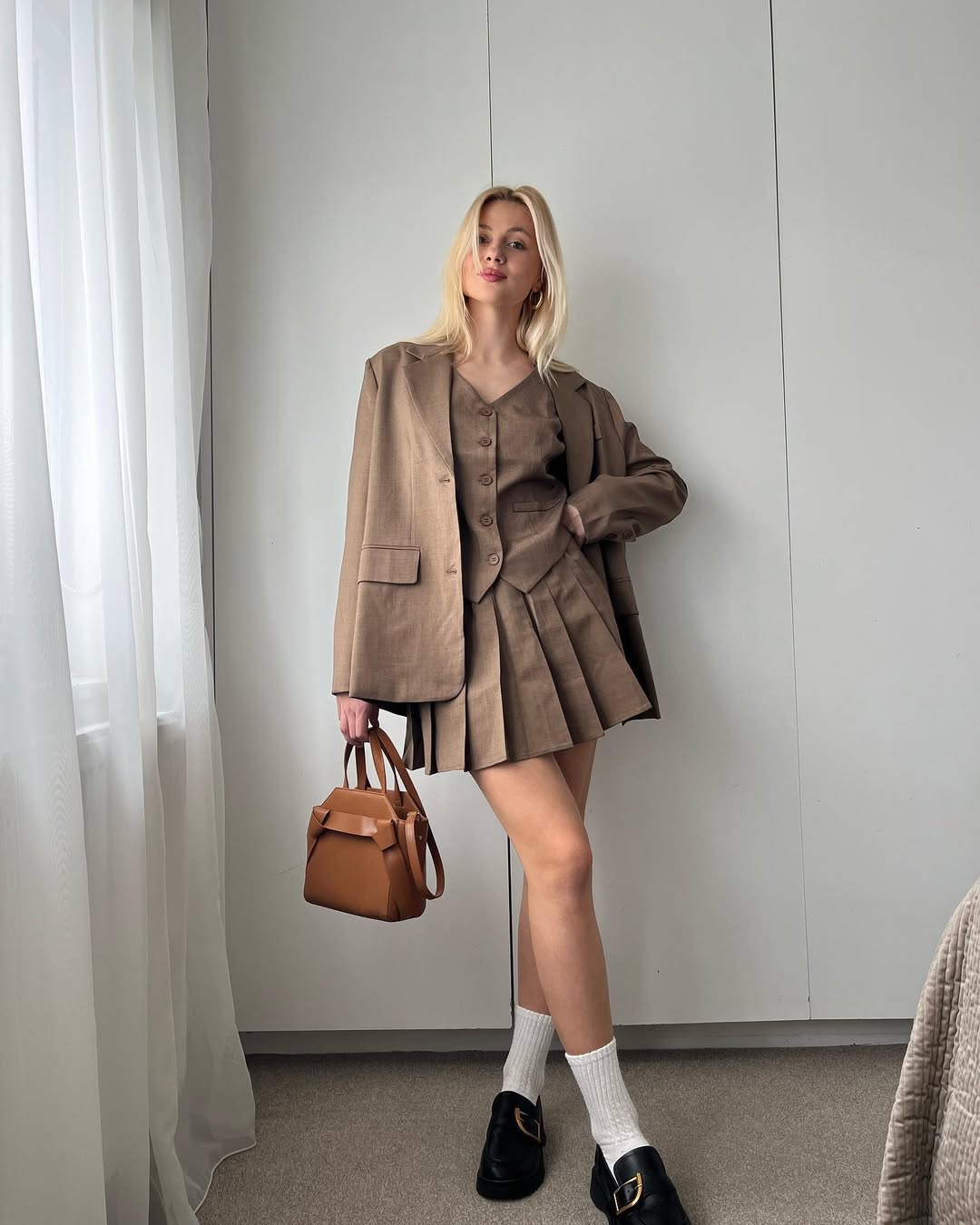 Brown Pleated Skirt Suit With Loafers