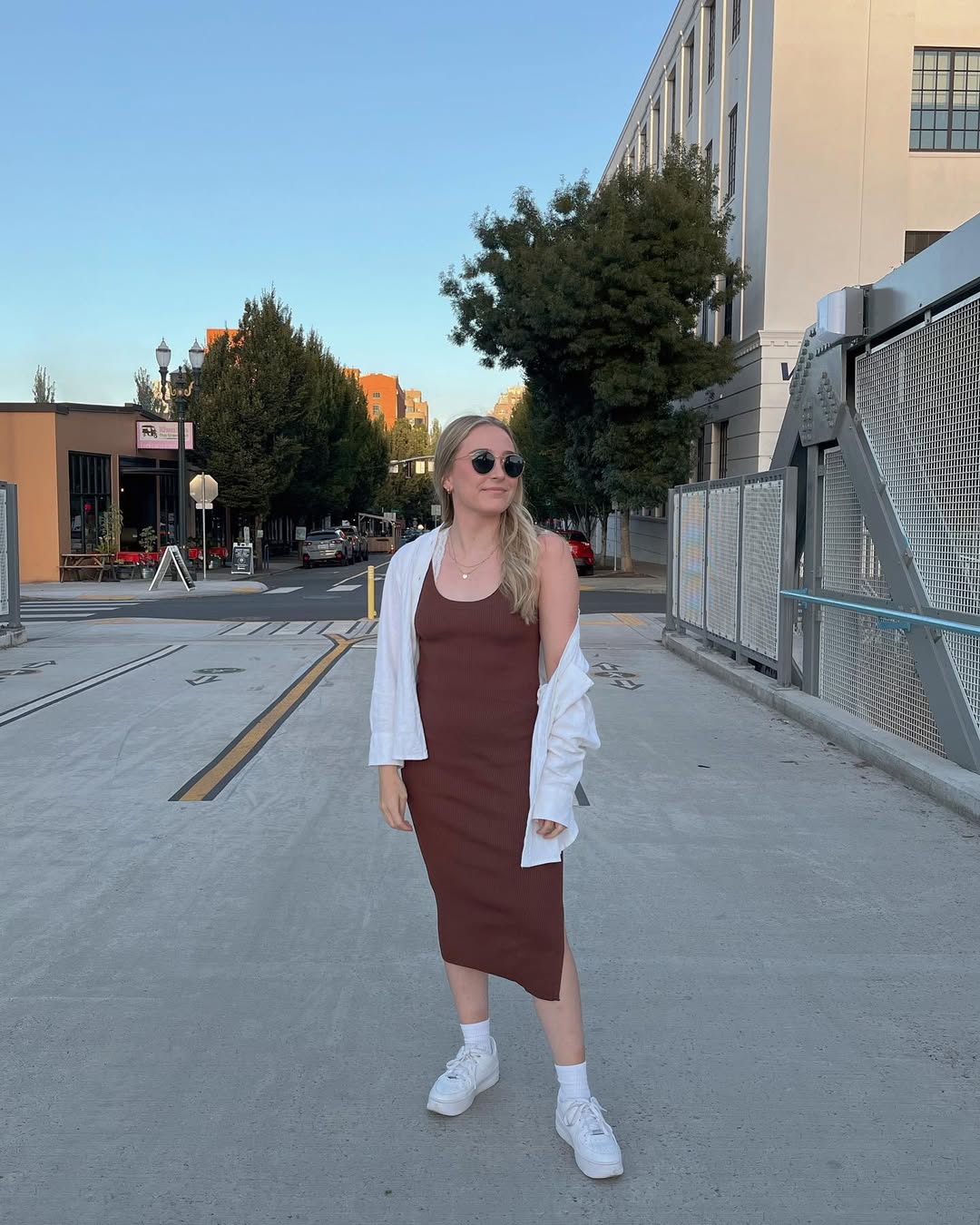 Brown Ribbed Midi Dress With White Shirt