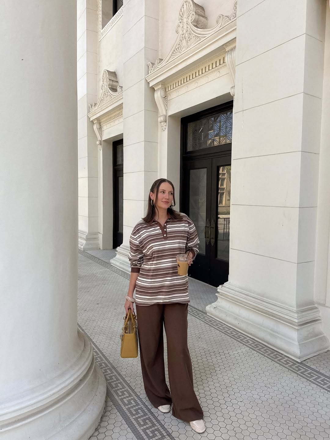 Brown Striped Rugby Shirt With Wide Leg Trousers Look
