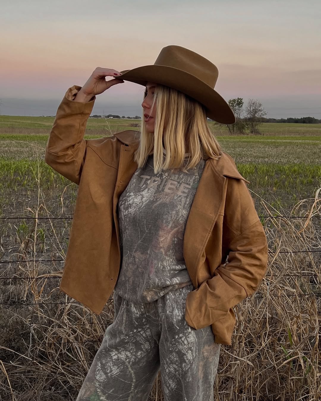 Brown Suede Jacket Over Camo Set And Cowboy Hat