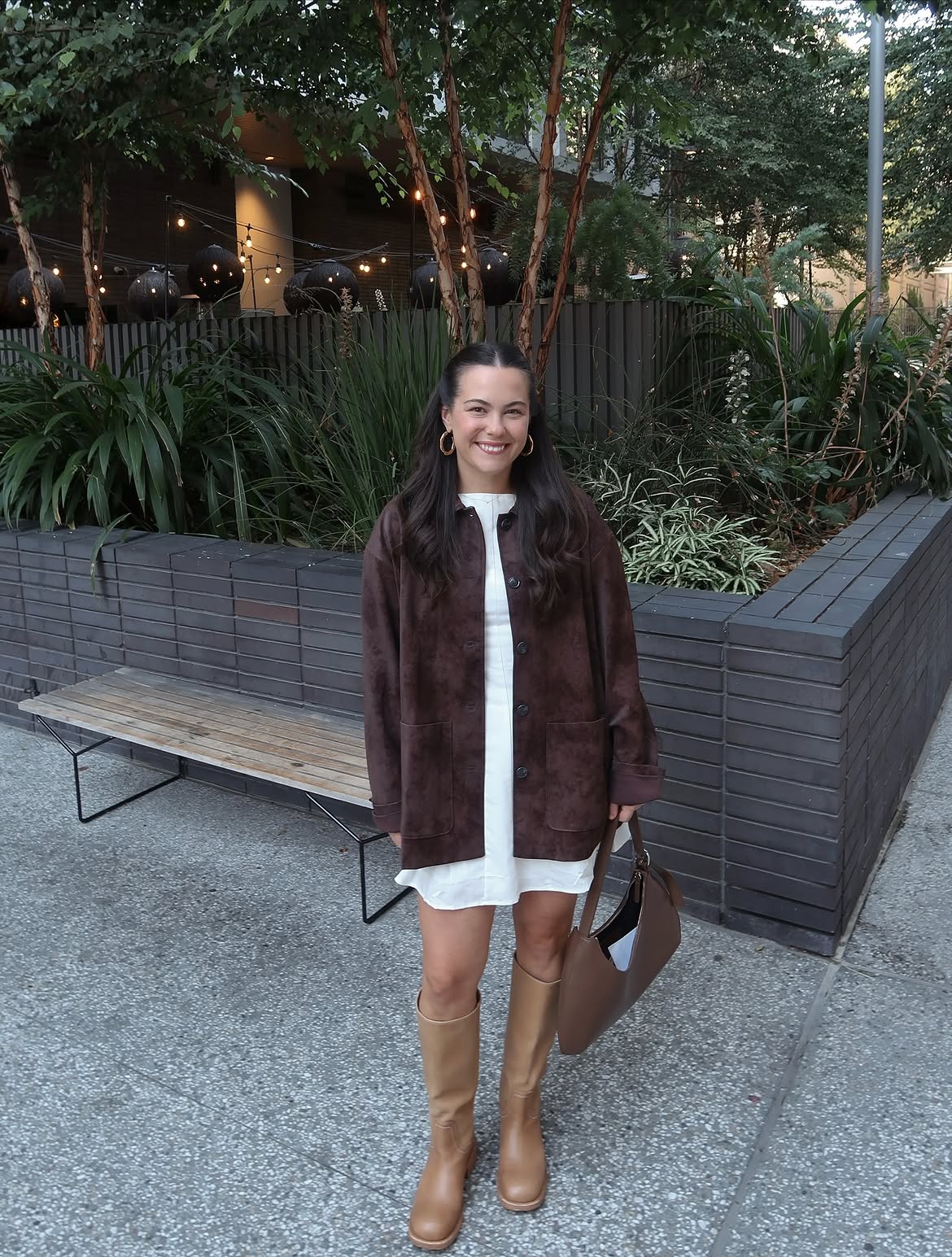 Brown Suede Jacket With Knee-High Boots & Mini Dress