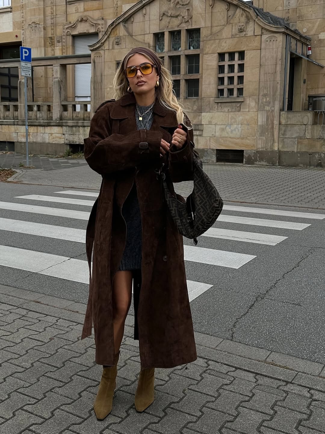 Brown Suede Trench With Knit Dress And Boots
