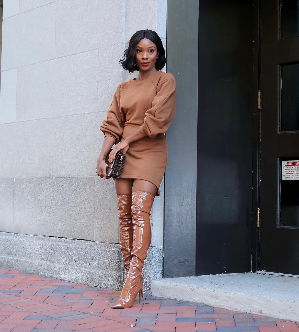 Brown Sweater Dress With Patent Over-the-Knee Boots