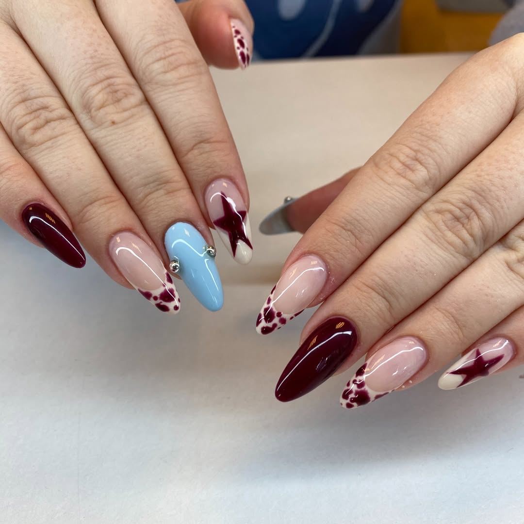 Burgundy and Pastel Blue Almond Mismatched Nails