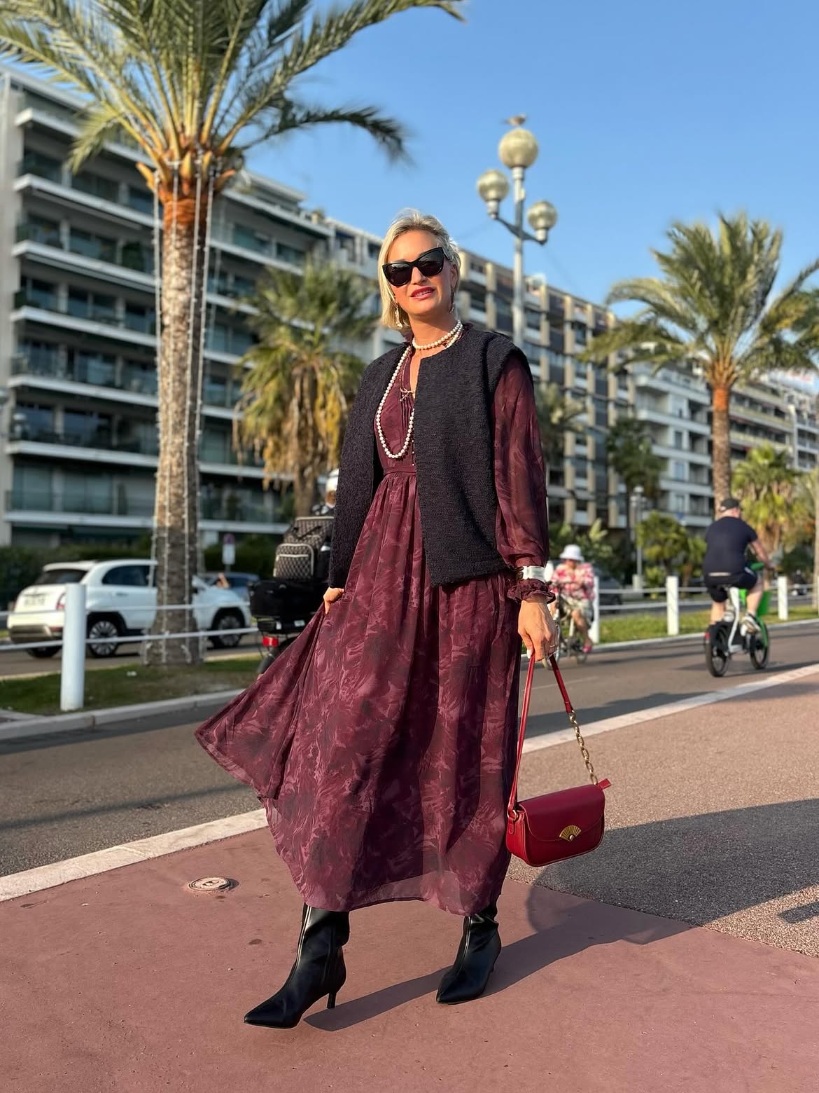 Burgundy Floral Maxi Dress With Black Cardigan And Boots