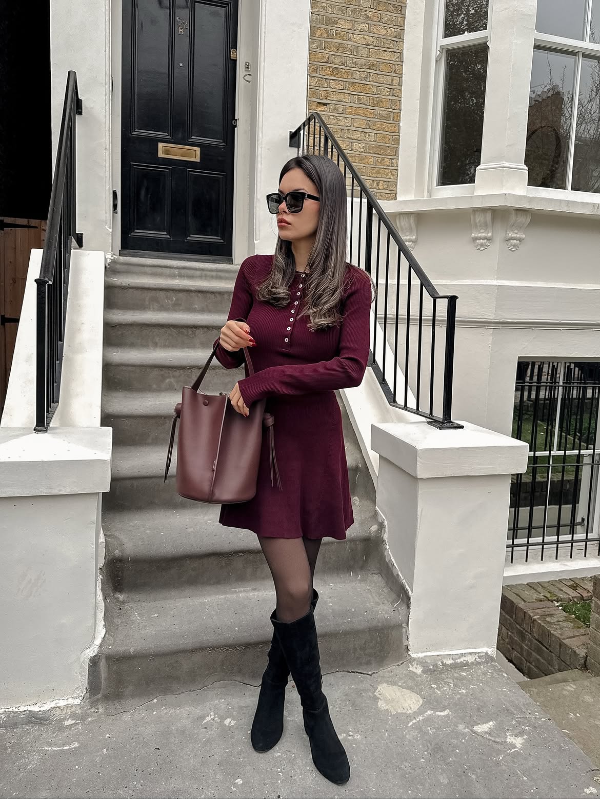 Burgundy Ribbed Knit A-Line Dress With Tall Boots