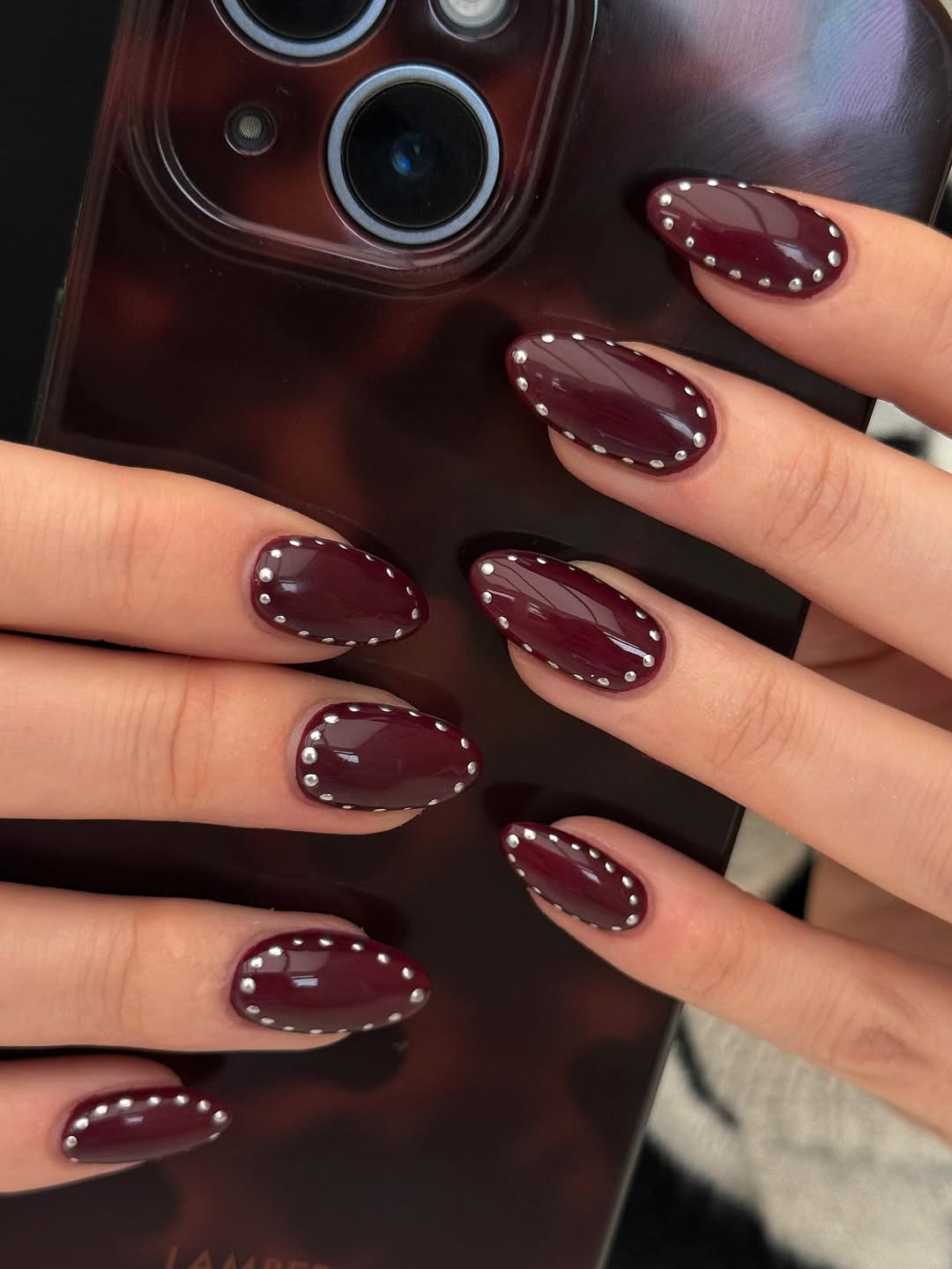 Burgundy Studded Glossy Almond Nails