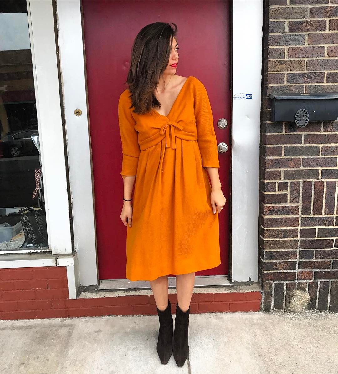 Burnt Orange Knit Dress And Suede Boots