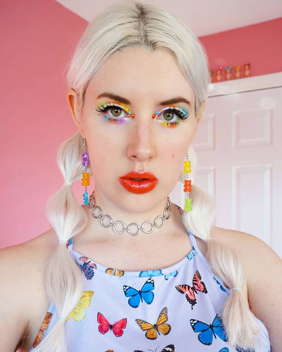 Butterfly Print Halter Top With Gummy Bear Earrings