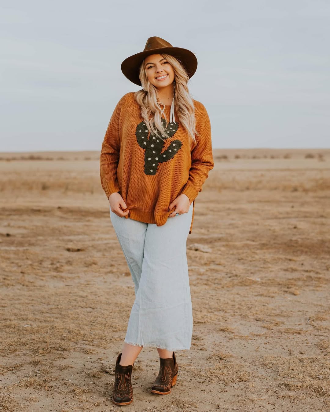 Cactus Knit Sweater And Wide Leg Denim Outfit
