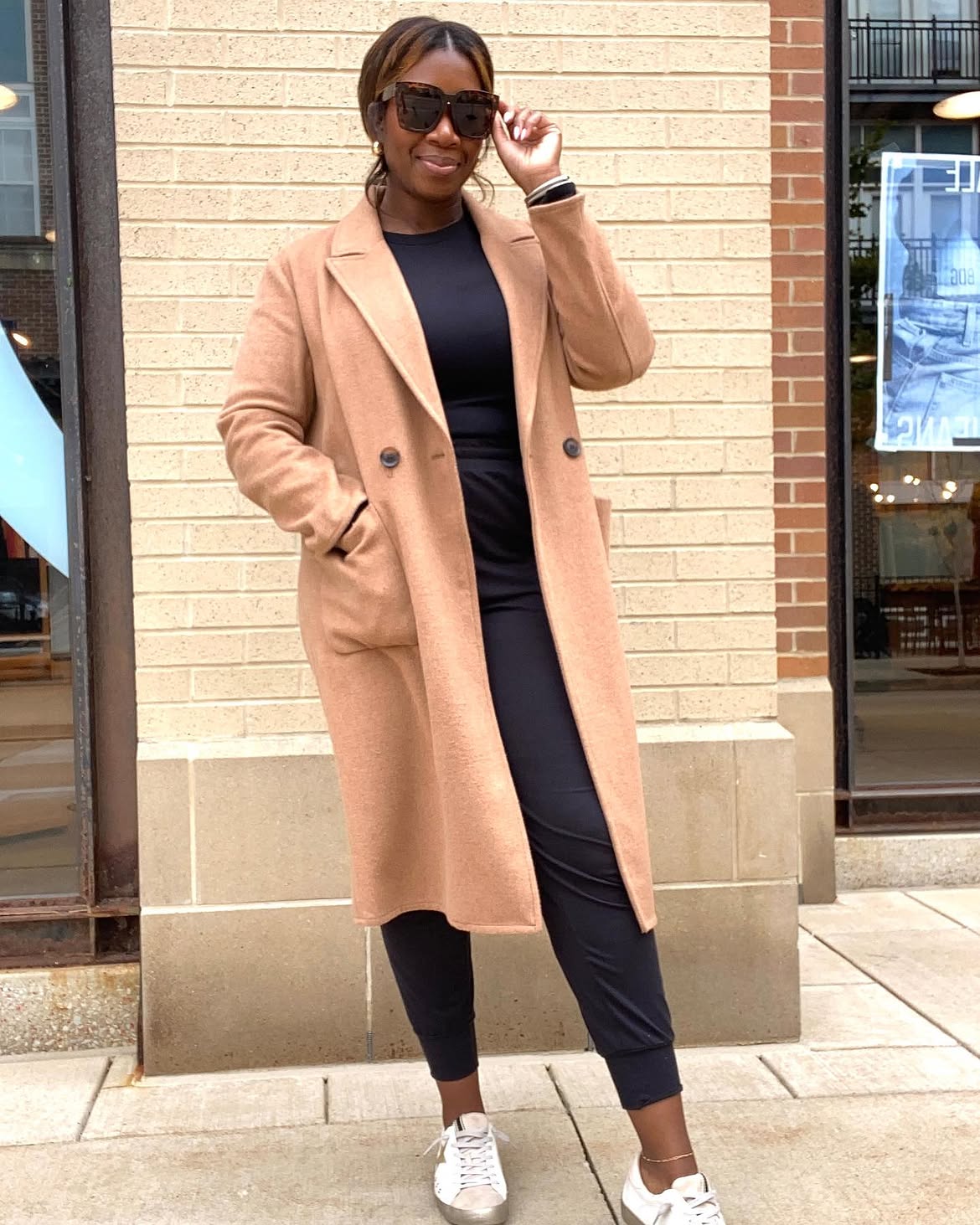 Camel Coat With Black Joggers And Sneakers