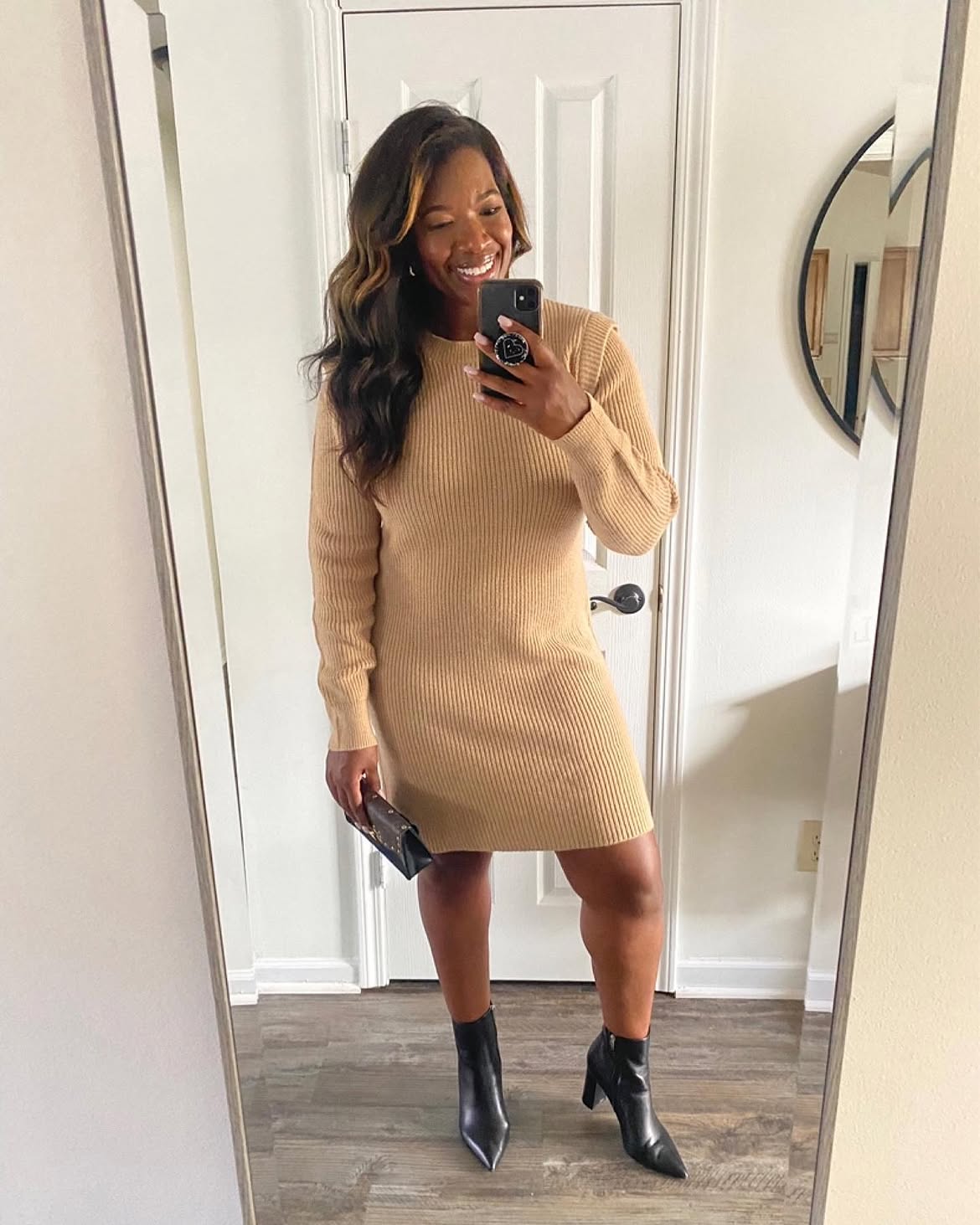 Camel Ribbed Knit Mini Dress With Black Booties