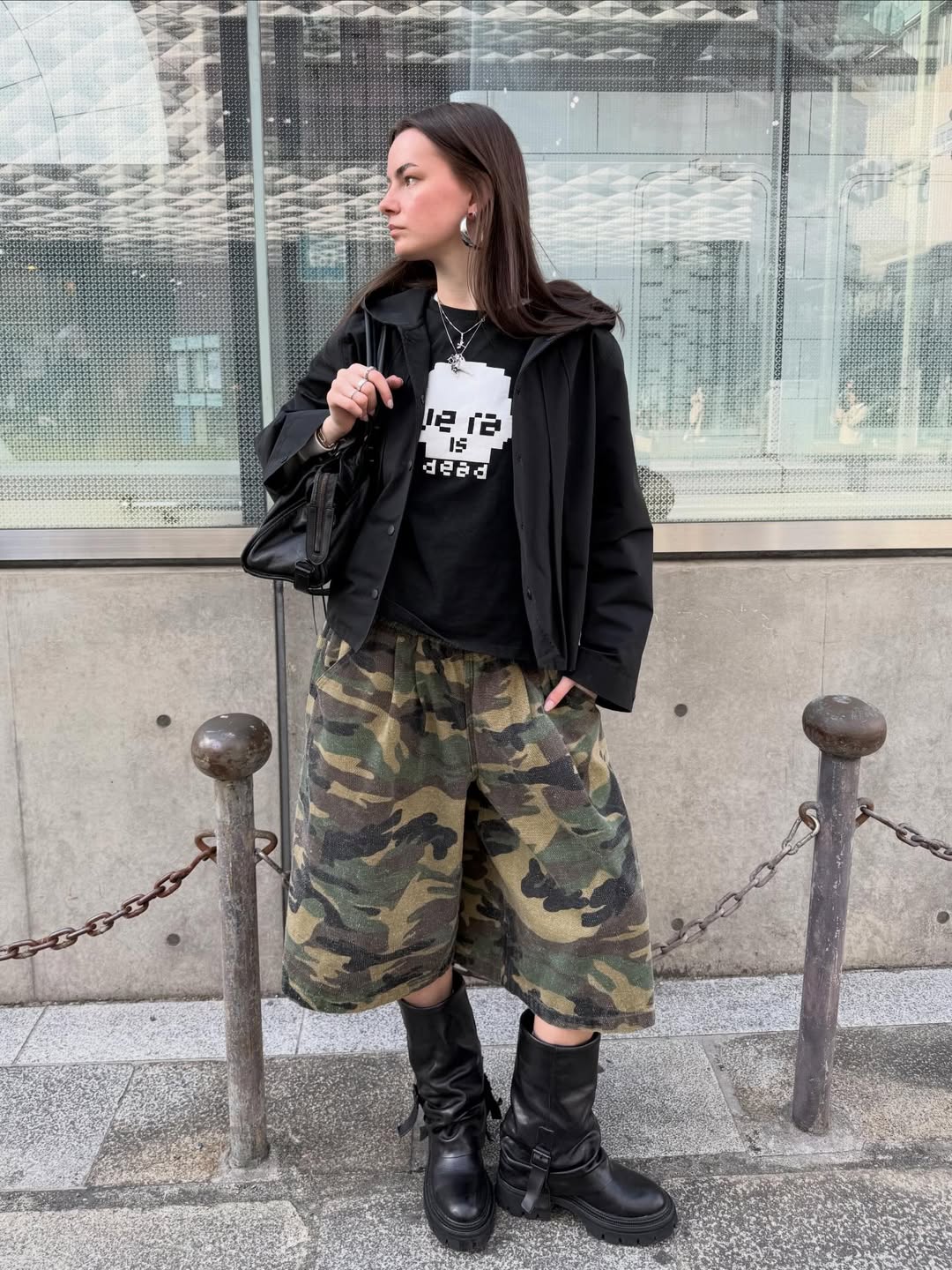 Camo Cargo Shorts with Chunky Boots Fall Ensemble