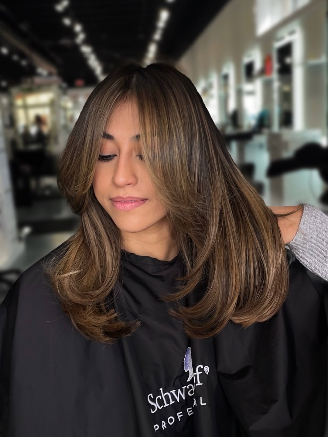 Caramel Brunette Butterfly Cut With Curtain Bangs Blowout