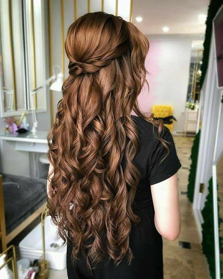 Caramel Brunette Half-Up Twisted Waves