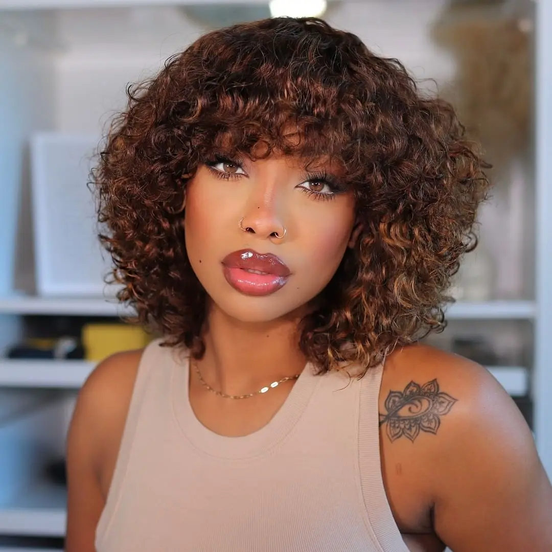 Caramel Frosted Curly Bob With Wispy Bangs
