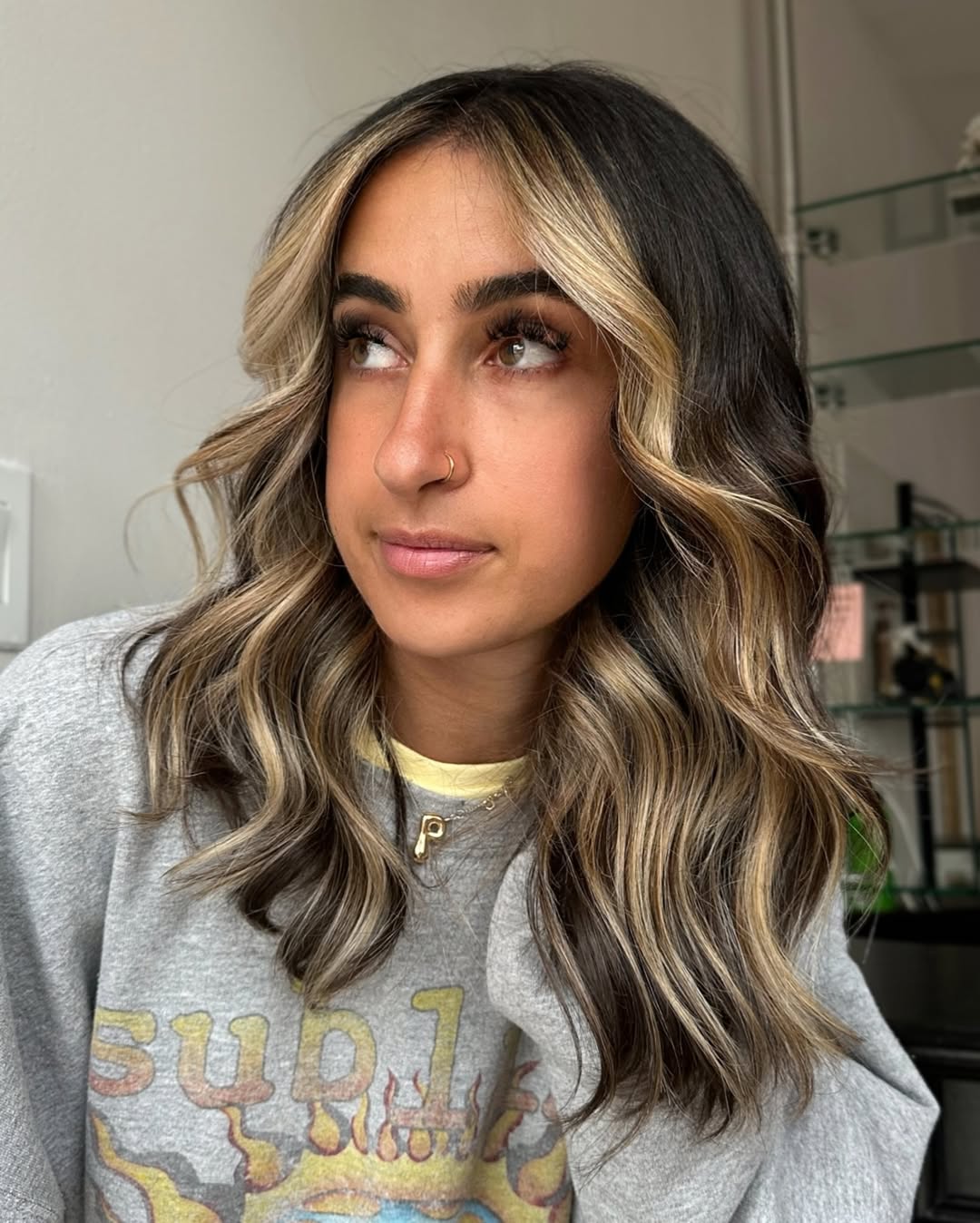 Caramel Money Piece On Wavy Brunette Lob