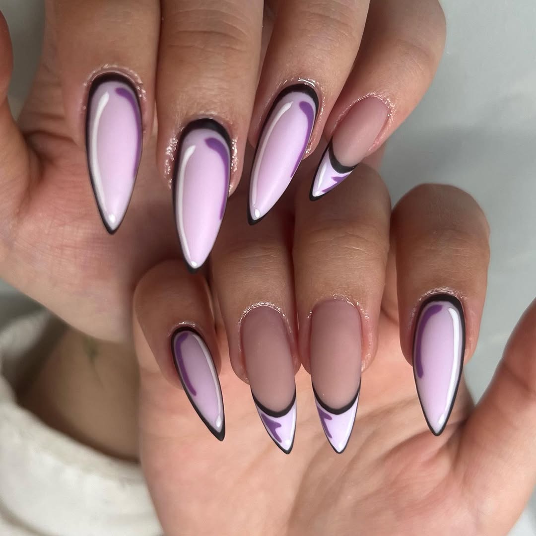 Cartoon Lavender and Black Outline Stiletto Nails