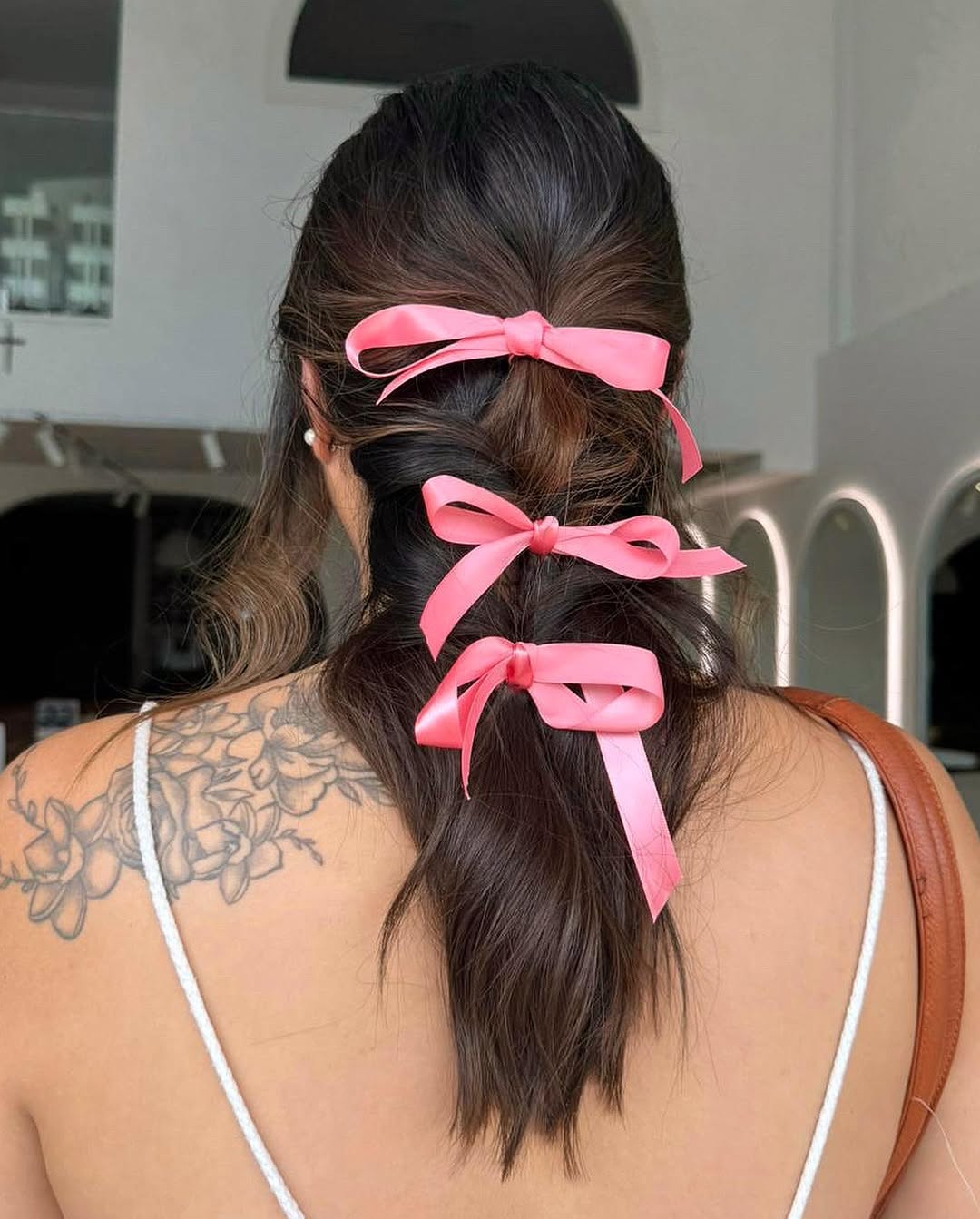 Cascading Half-Up With Multiple Pink Ribbons