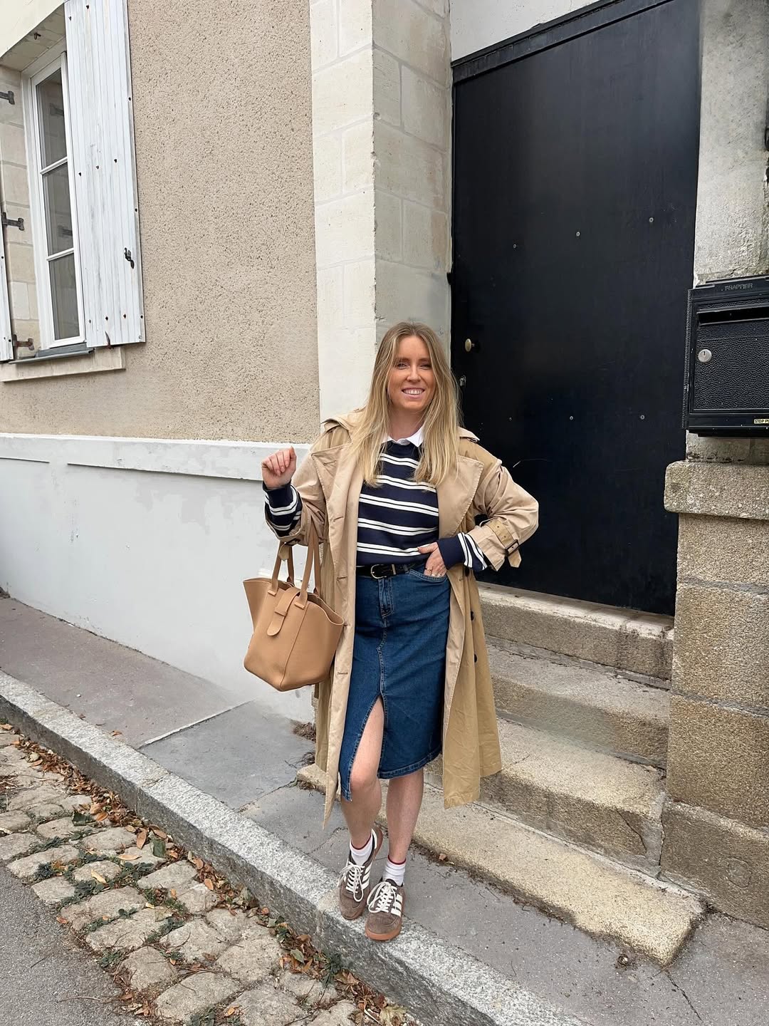 Casual Chic Striped Sweater Denim Skirt Outfit