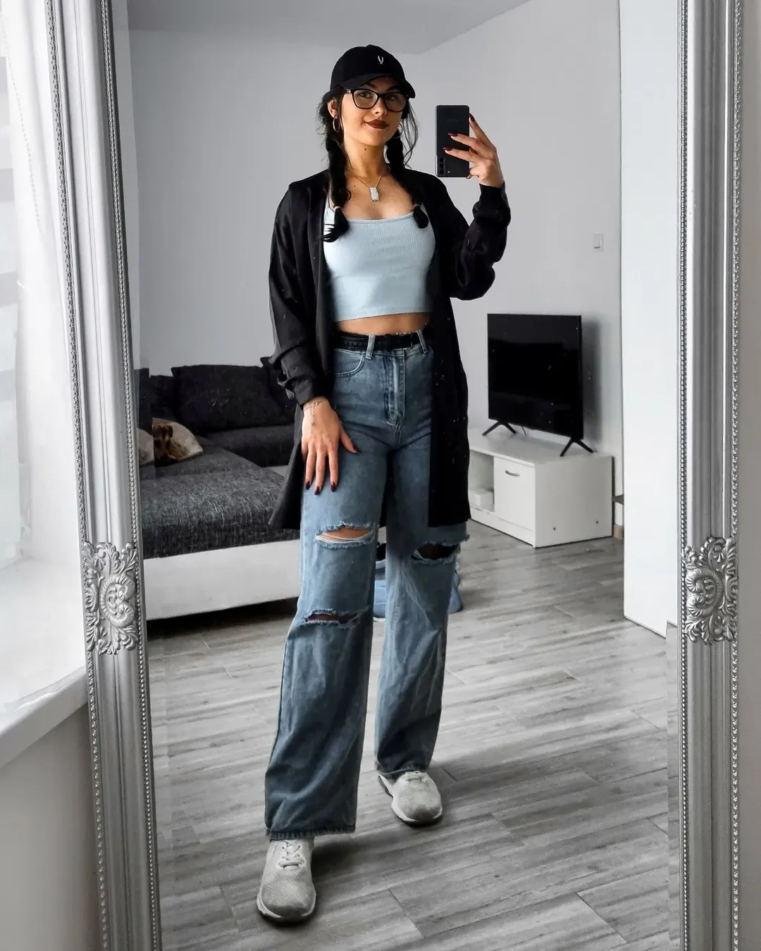 Casual Distressed Denim With Crop Top And Baseball Cap
