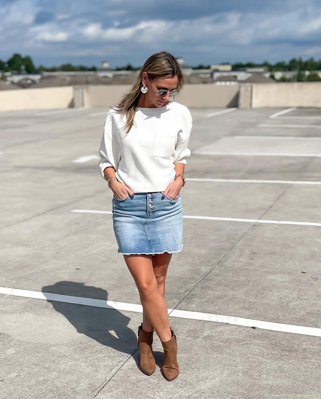Casual Knit Top and Denim Skirt Fall Look